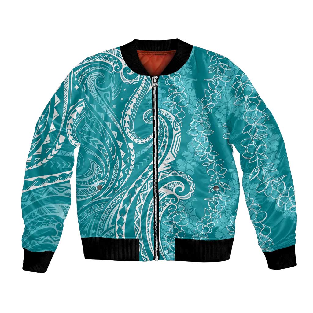 Polynesia Plumeria Lei Bomber Jacket Teal Curves Motif LT7 Unisex Teal - Polynesian Pride