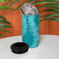 Polynesia Plumeria Lei 4 in 1 Can Cooler Tumbler Teal Curves Motif