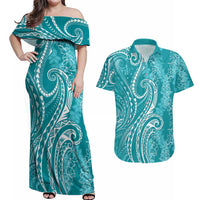Polynesia Plumeria Lei Couples Matching Off Shoulder Maxi Dress and Hawaiian Shirt Teal Curves Motif