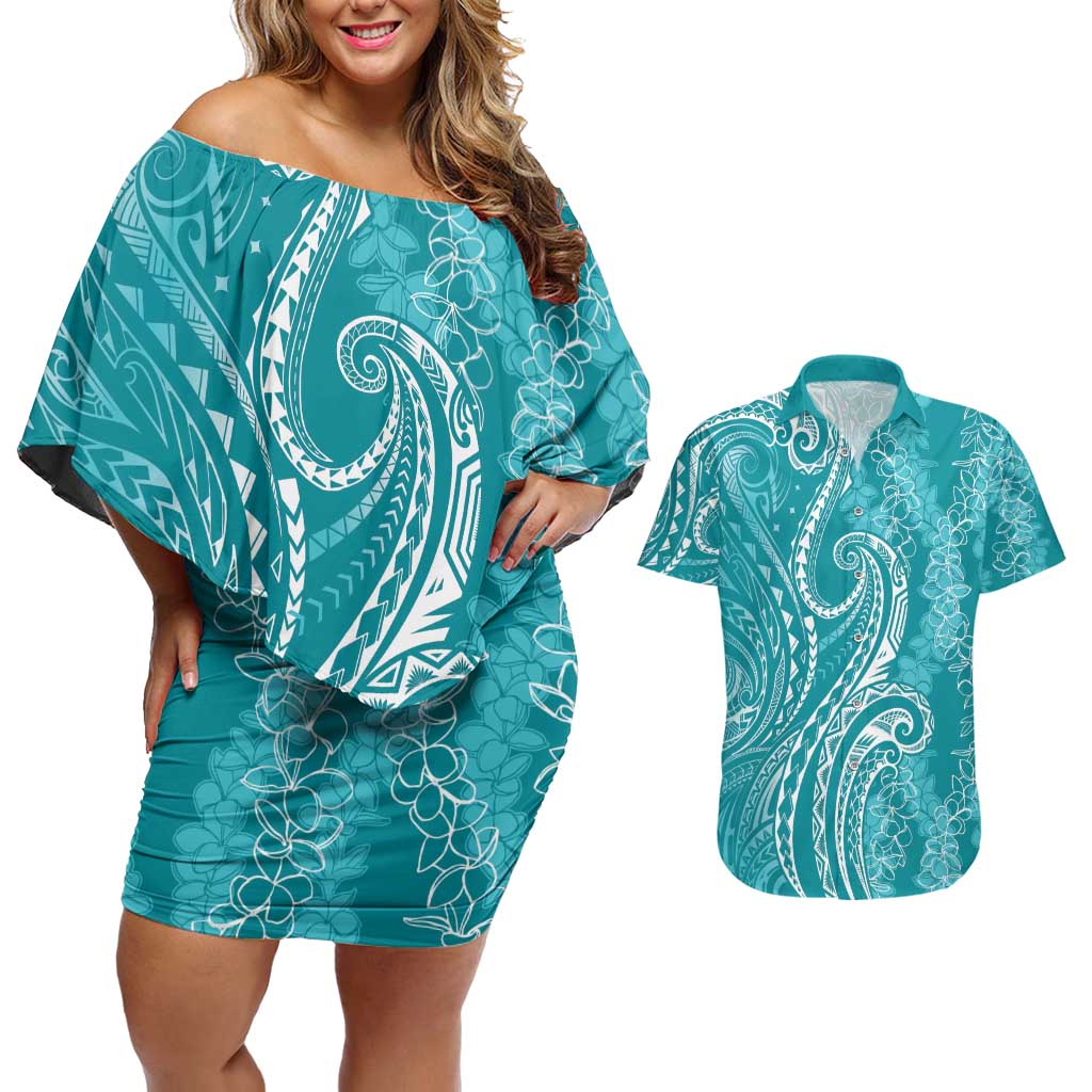 Polynesia Plumeria Lei Couples Matching Off Shoulder Short Dress and Hawaiian Shirt Teal Curves Motif