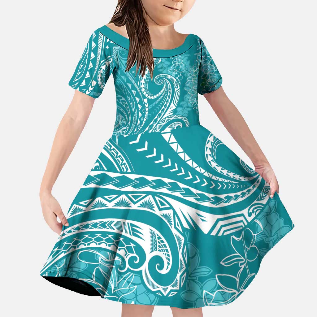 Polynesia Plumeria Lei Family Matching Long Sleeve Bodycon Dress and Hawaiian Shirt Teal Curves Motif LT7 Daughter's Dress Teal - Polynesian Pride