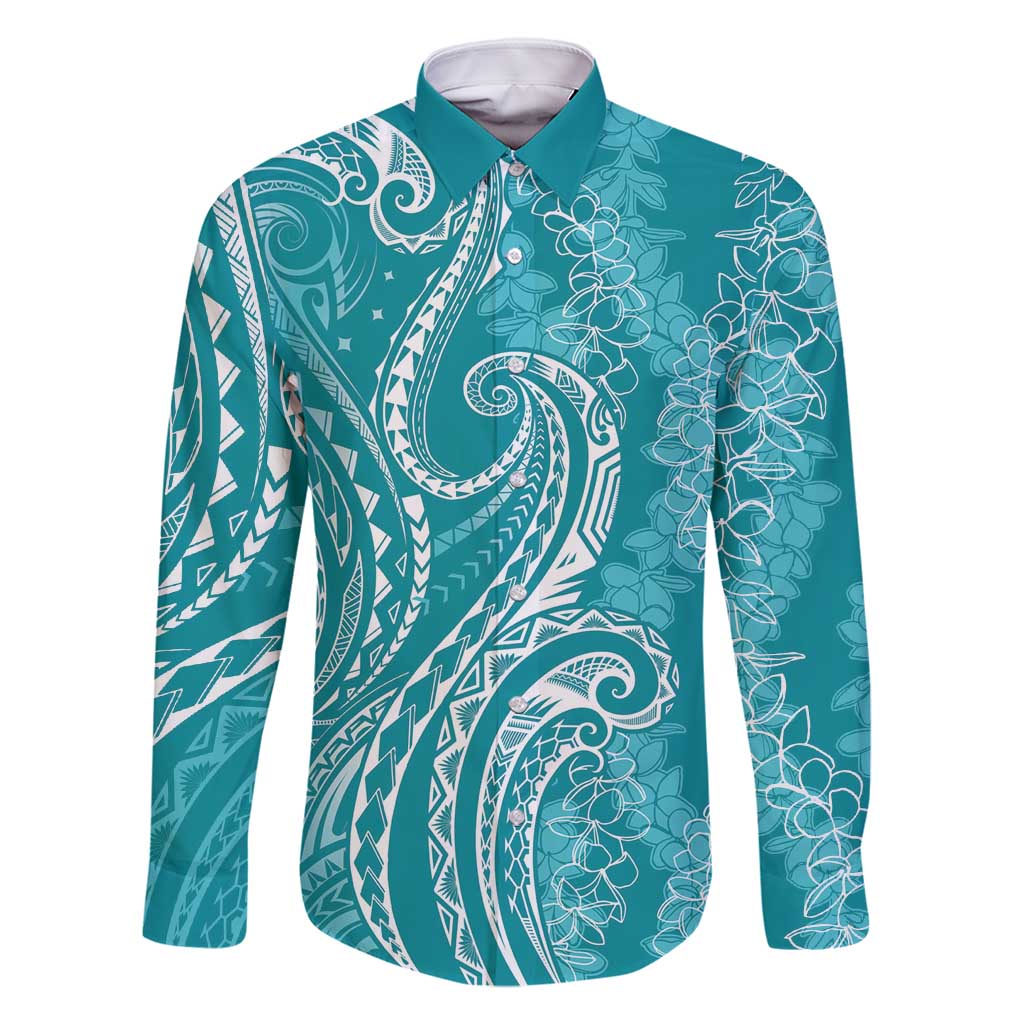 Polynesia Plumeria Lei Family Matching Long Sleeve Bodycon Dress and Hawaiian Shirt Teal Curves Motif LT7 Dad's Shirt - Long Sleeve Teal - Polynesian Pride