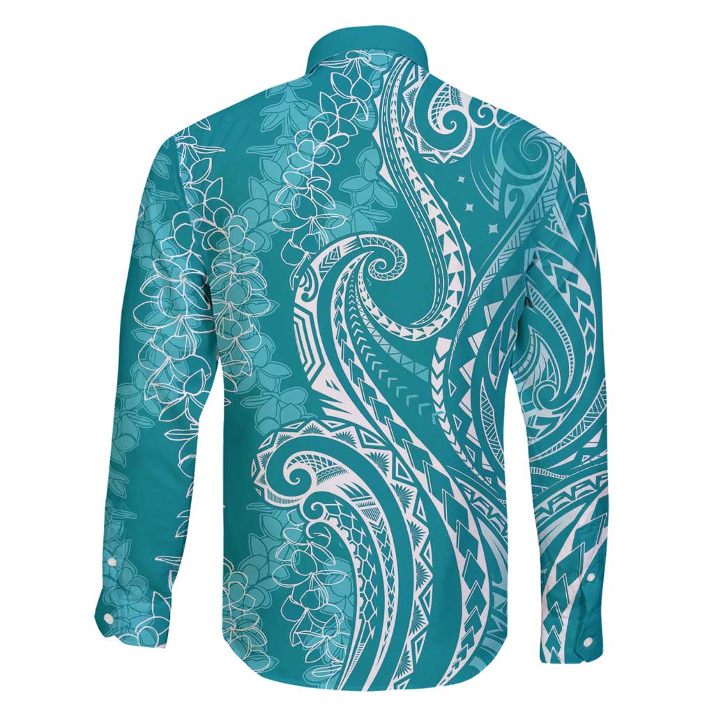 Polynesia Plumeria Lei Family Matching Long Sleeve Bodycon Dress and Hawaiian Shirt Teal Curves Motif LT7 - Polynesian Pride