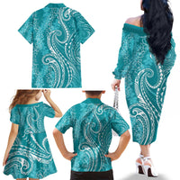 Polynesia Plumeria Lei Family Matching Off The Shoulder Long Sleeve Dress and Hawaiian Shirt Teal Curves Motif