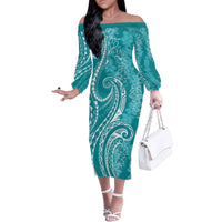Polynesia Plumeria Lei Family Matching Off The Shoulder Long Sleeve Dress and Hawaiian Shirt Teal Curves Motif
