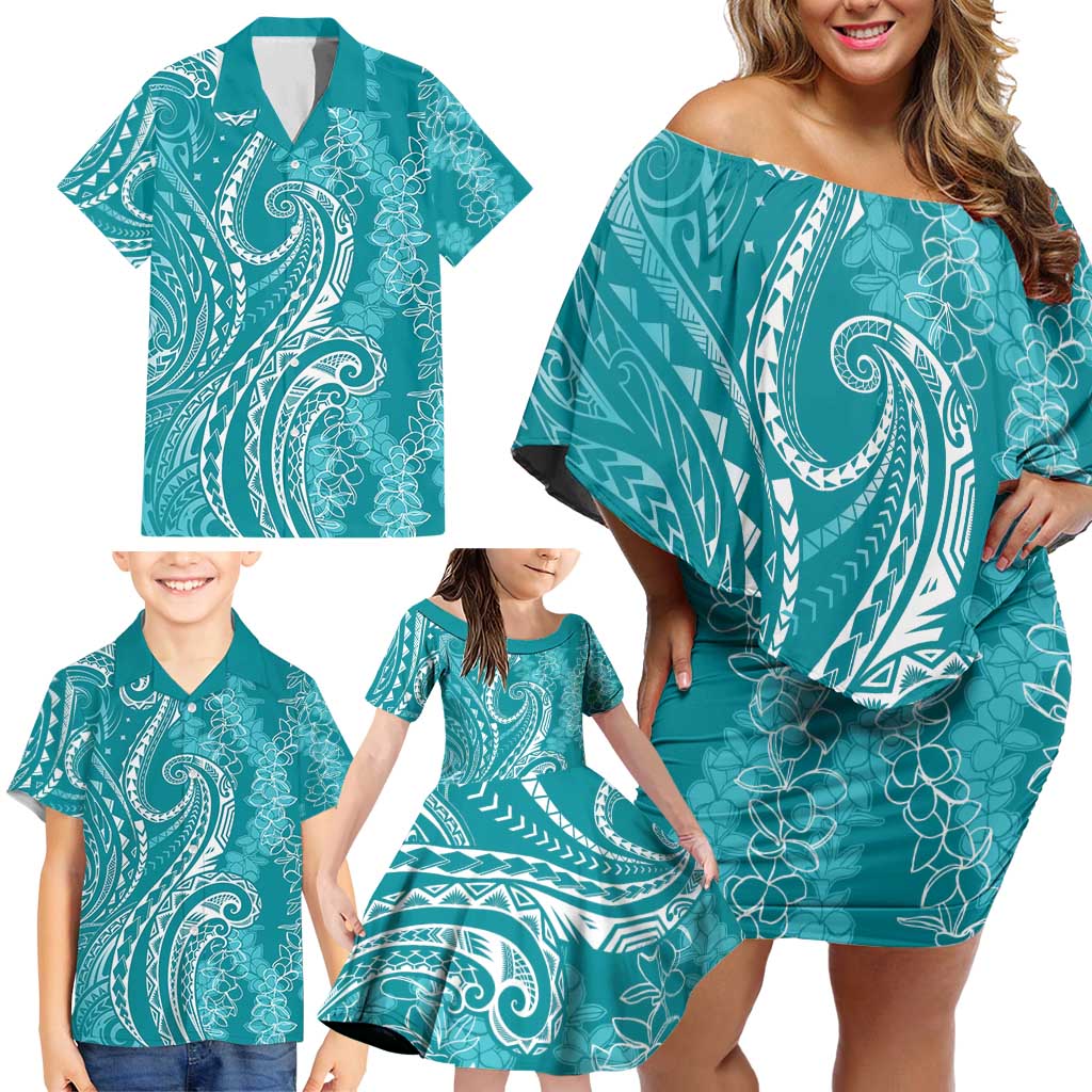 Polynesia Plumeria Lei Family Matching Off Shoulder Short Dress and Hawaiian Shirt Teal Curves Motif
