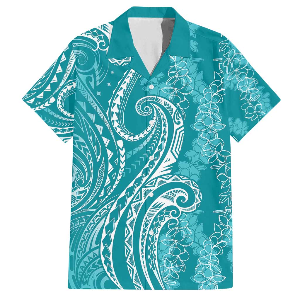 Polynesia Plumeria Lei Family Matching Off Shoulder Short Dress and Hawaiian Shirt Teal Curves Motif