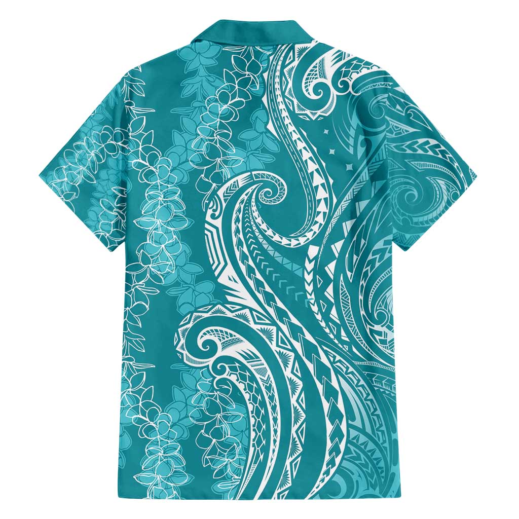 Polynesia Plumeria Lei Family Matching Off Shoulder Short Dress and Hawaiian Shirt Teal Curves Motif