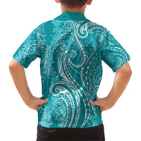Polynesia Plumeria Lei Family Matching Short Sleeve Bodycon Dress and Hawaiian Shirt Teal Curves Motif LT7 - Polynesian Pride