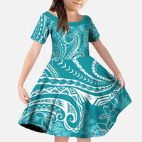 Polynesia Plumeria Lei Family Matching Short Sleeve Bodycon Dress and Hawaiian Shirt Teal Curves Motif LT7 Daughter's Dress Teal - Polynesian Pride