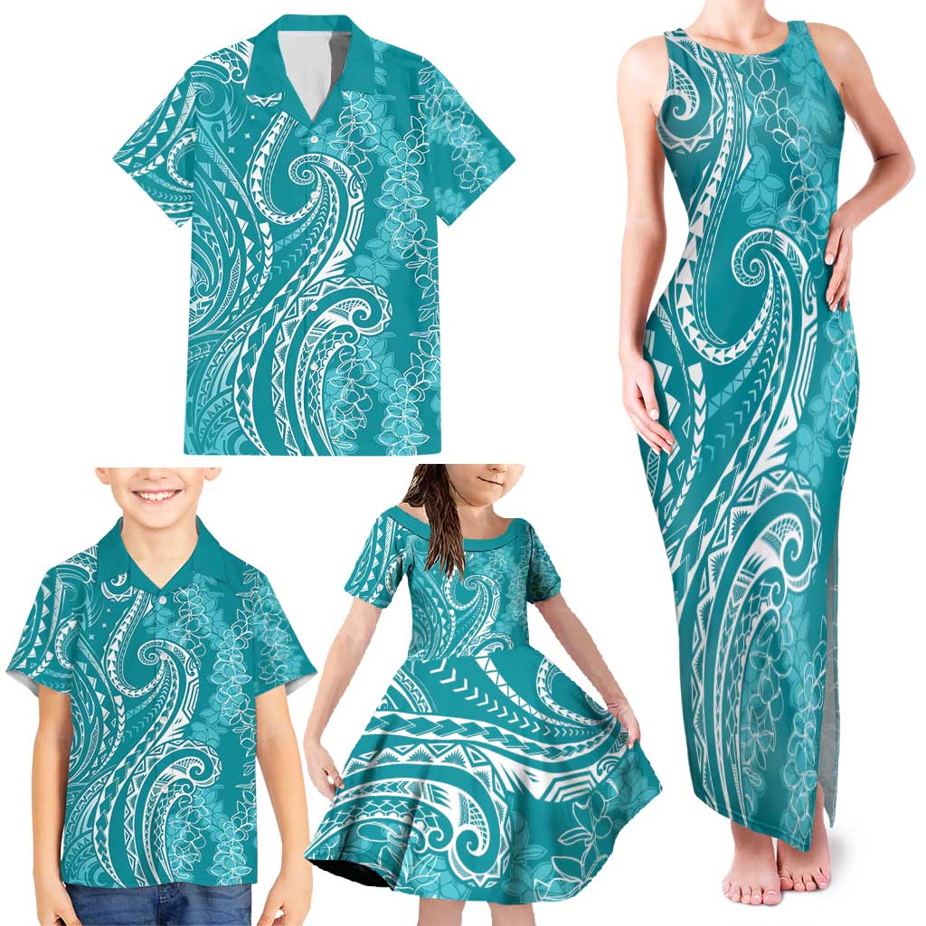 Polynesia Plumeria Lei Family Matching Tank Maxi Dress and Hawaiian Shirt Teal Curves Motif