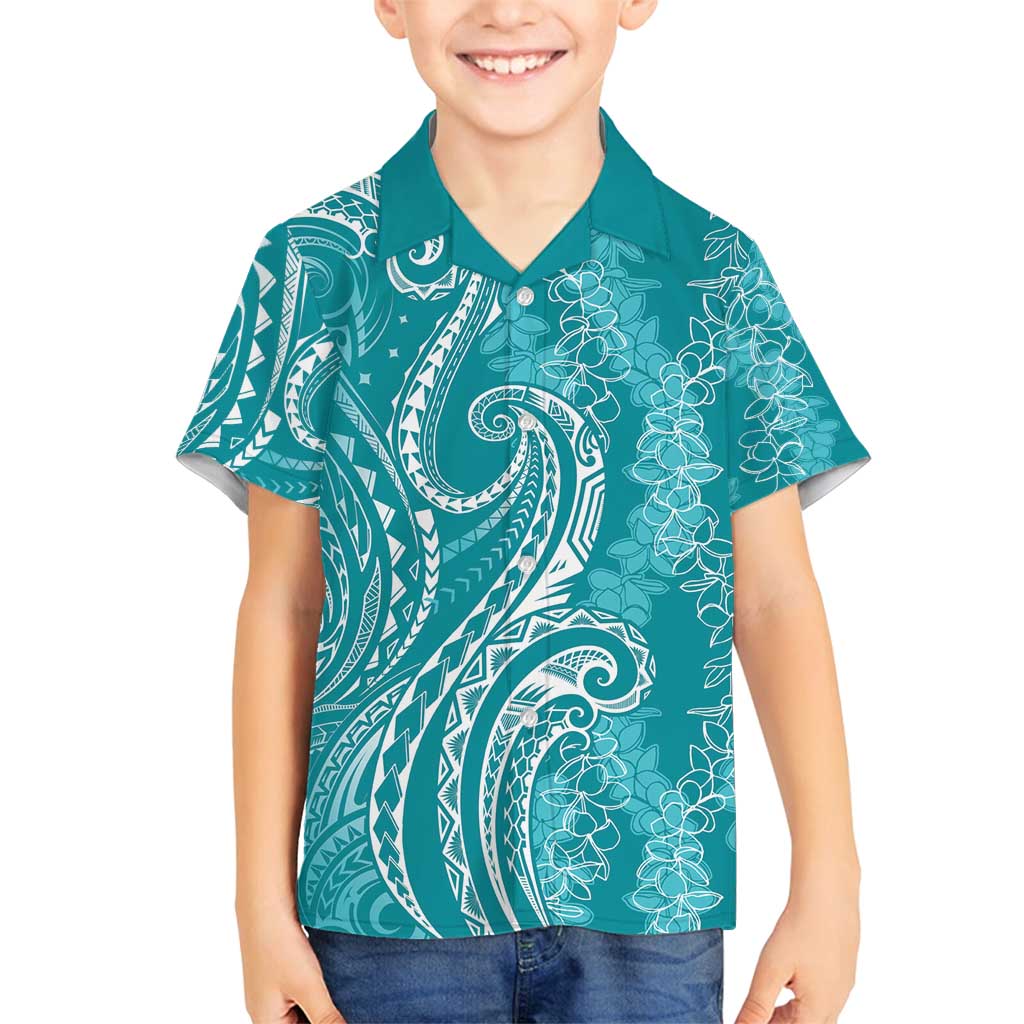 Polynesia Plumeria Lei Family Matching Tank Maxi Dress and Hawaiian Shirt Teal Curves Motif