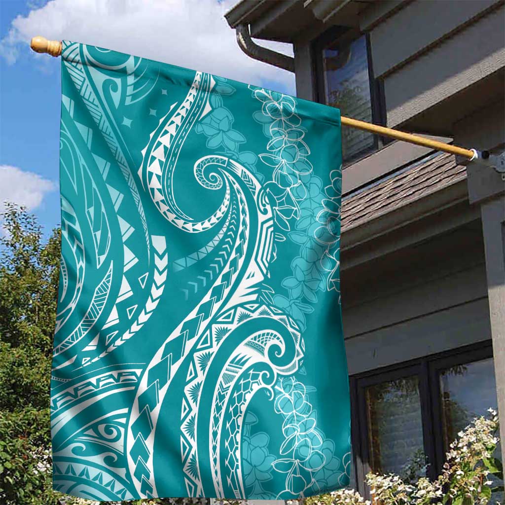 Polynesia Plumeria Lei Garden Flag Teal Curves Motif