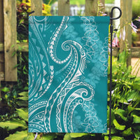 Polynesia Plumeria Lei Garden Flag Teal Curves Motif