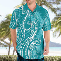 Polynesia Plumeria Lei Hawaiian Shirt Teal Curves Motif