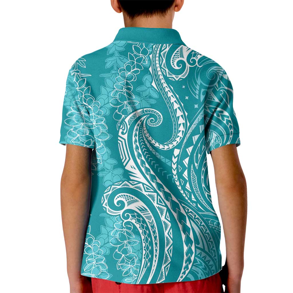 Polynesia Plumeria Lei Kid Polo Shirt Teal Curves Motif