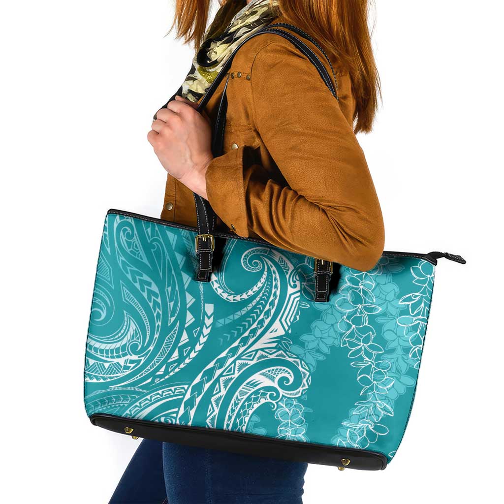 Polynesia Plumeria Lei Leather Tote Bag Teal Curves Motif LT7 Teal - Polynesian Pride