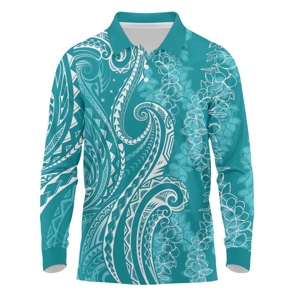 Polynesia Plumeria Lei Long Sleeve Polo Shirt Teal Curves Motif LT7 Teal - Polynesian Pride