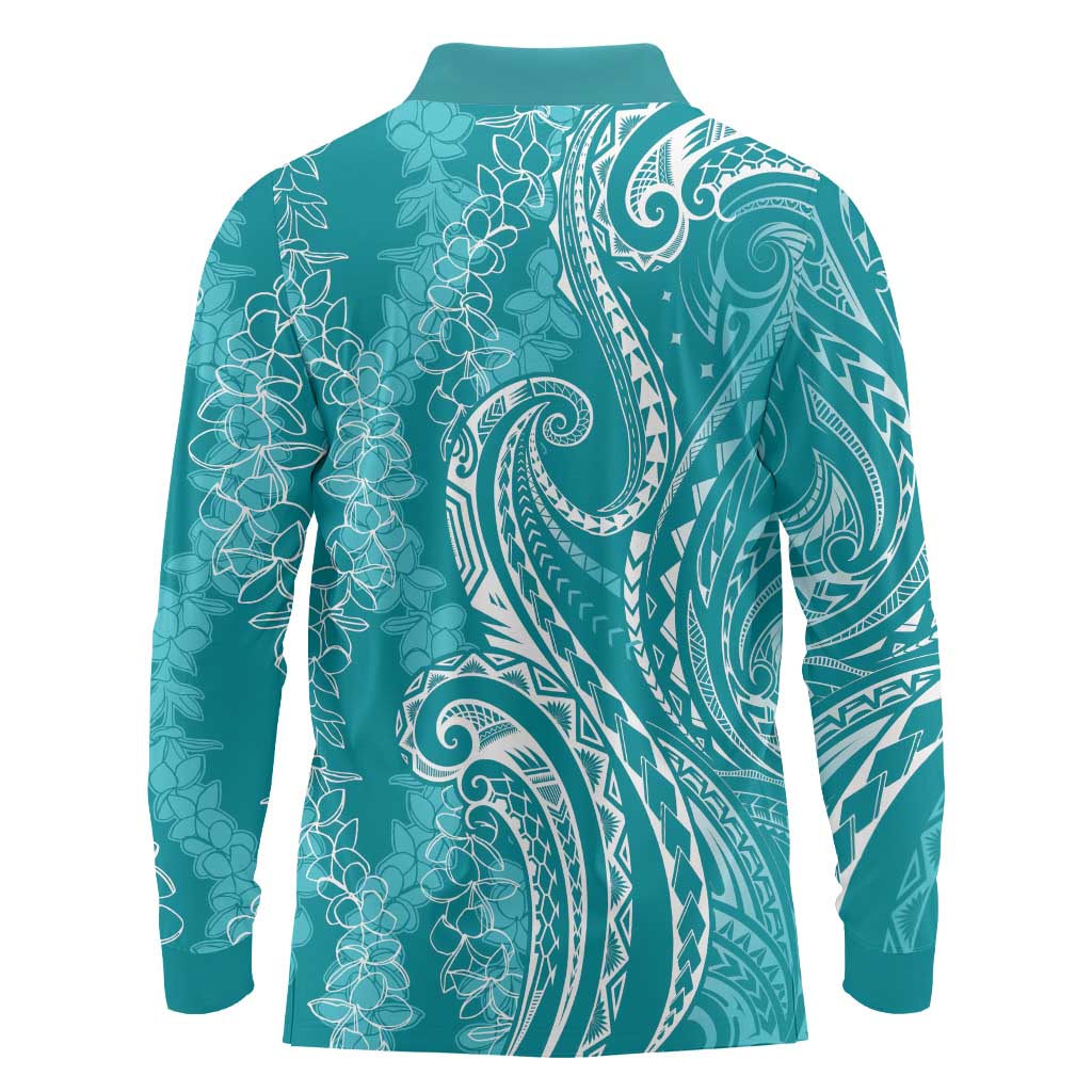 Polynesia Plumeria Lei Long Sleeve Polo Shirt Teal Curves Motif