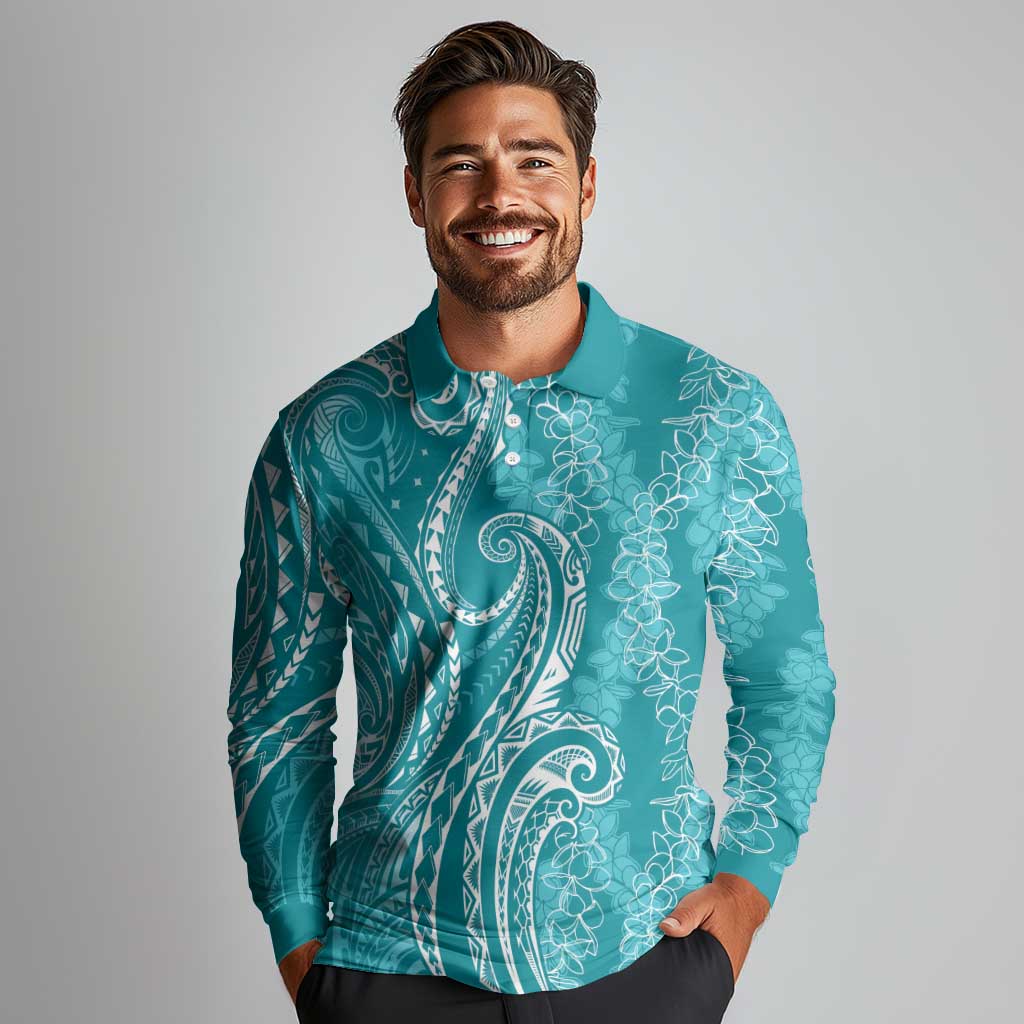 Polynesia Plumeria Lei Long Sleeve Polo Shirt Teal Curves Motif