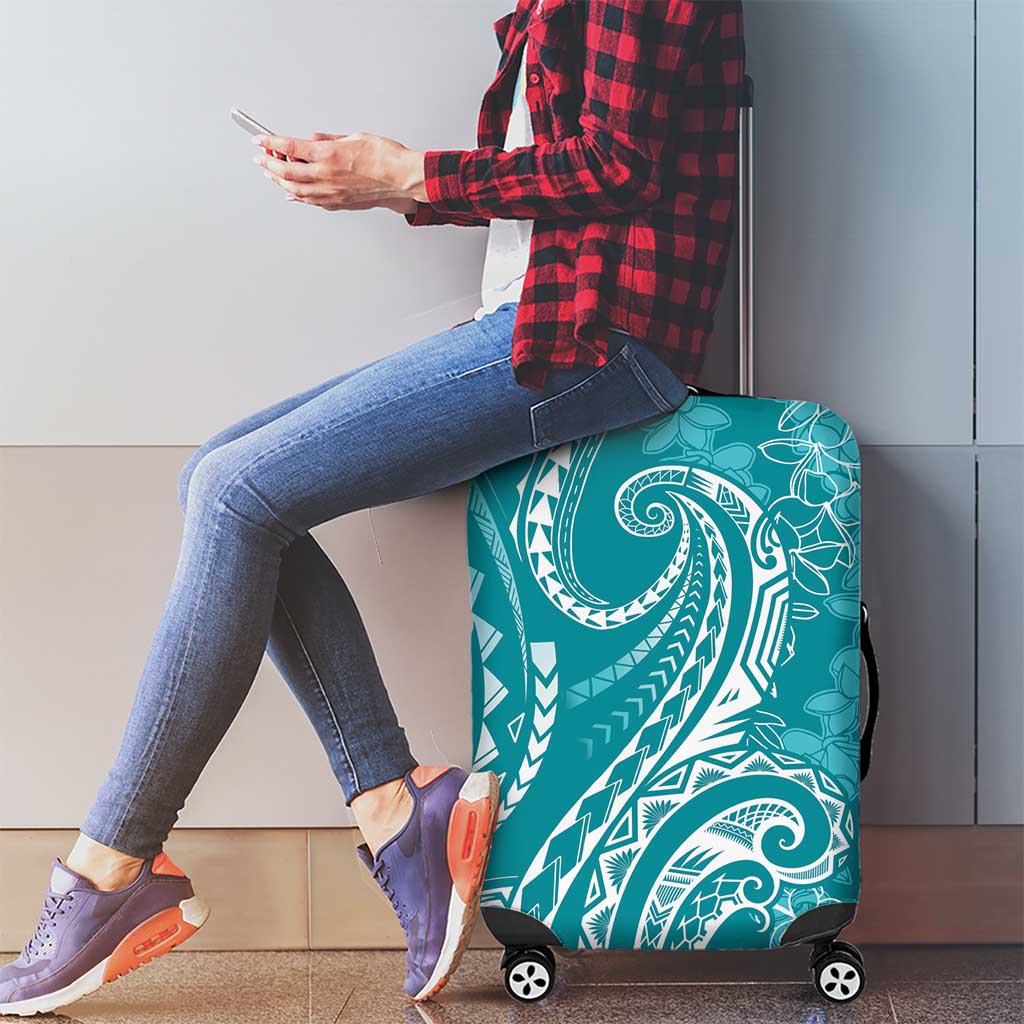 Polynesia Plumeria Lei Luggage Cover Teal Curves Motif