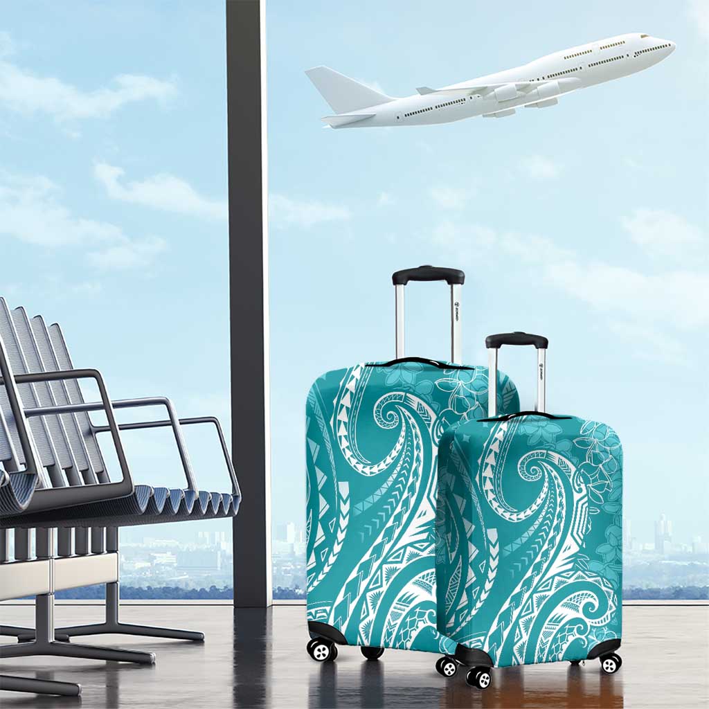 Polynesia Plumeria Lei Luggage Cover Teal Curves Motif