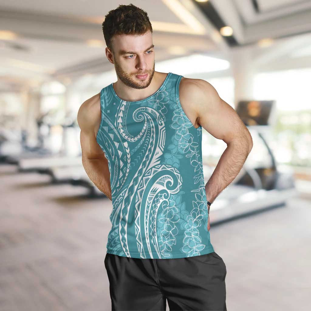 Polynesia Plumeria Lei Men Tank Top Teal Curves Motif