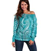 Polynesia Plumeria Lei Off Shoulder Sweater Teal Curves Motif