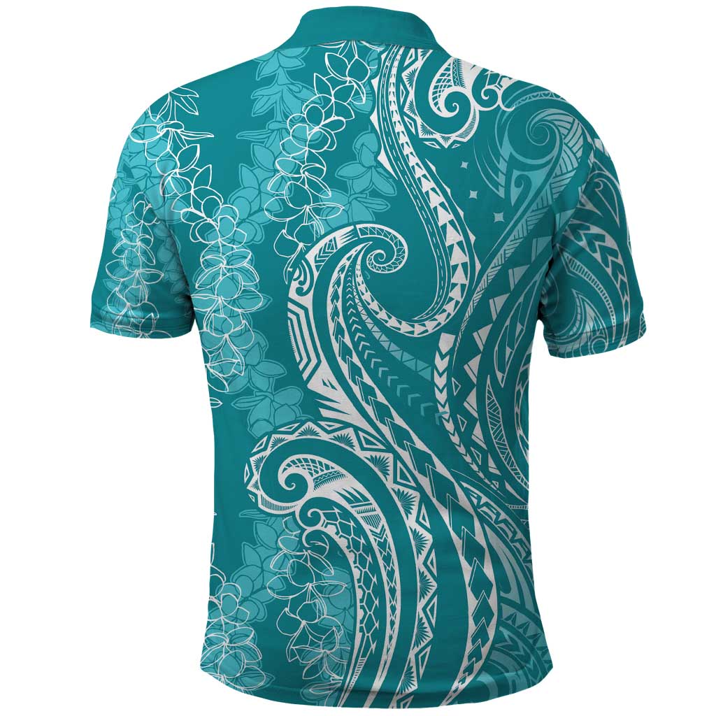 Polynesia Plumeria Lei Polo Shirt Teal Curves Motif