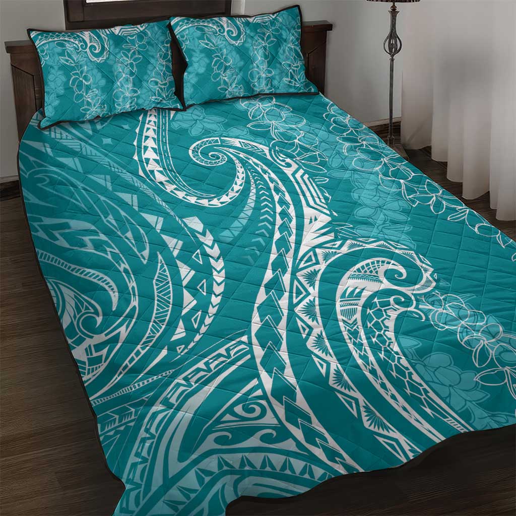 Polynesia Plumeria Lei Quilt Bed Set Teal Curves Motif LT7 Teal - Polynesian Pride