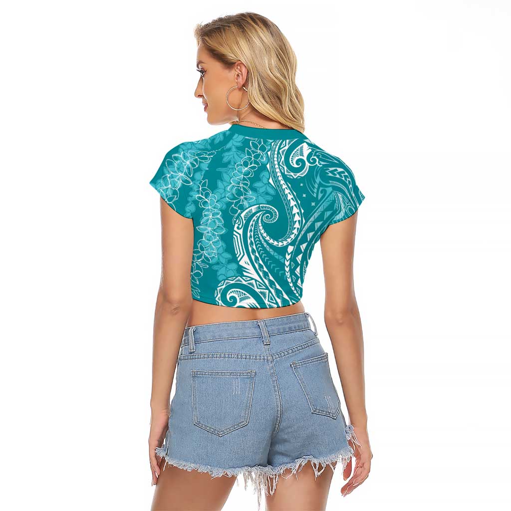 Polynesia Plumeria Lei Raglan Cropped T Shirt Teal Curves Motif