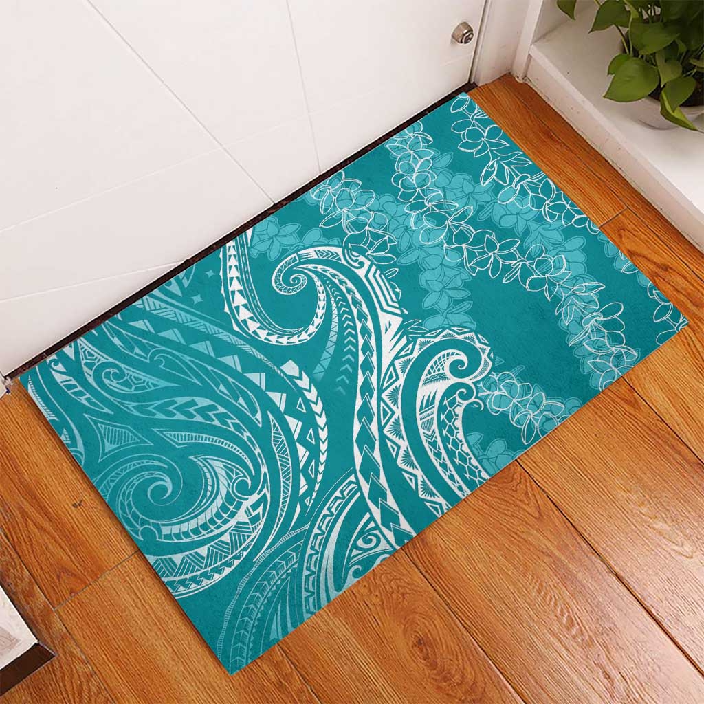 Polynesia Plumeria Lei Rubber Doormat Teal Curves Motif