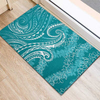 Polynesia Plumeria Lei Rubber Doormat Teal Curves Motif