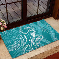 Polynesia Plumeria Lei Rubber Doormat Teal Curves Motif