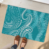 Polynesia Plumeria Lei Rubber Doormat Teal Curves Motif