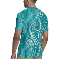 Polynesia Plumeria Lei Rugby Jersey Teal Curves Motif