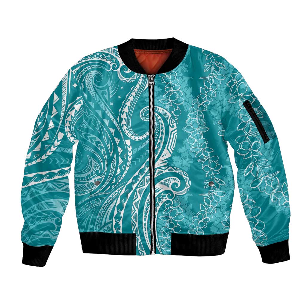 Polynesia Plumeria Lei Sleeve Zip Bomber Jacket Teal Curves Motif LT7 Unisex Teal - Polynesian Pride