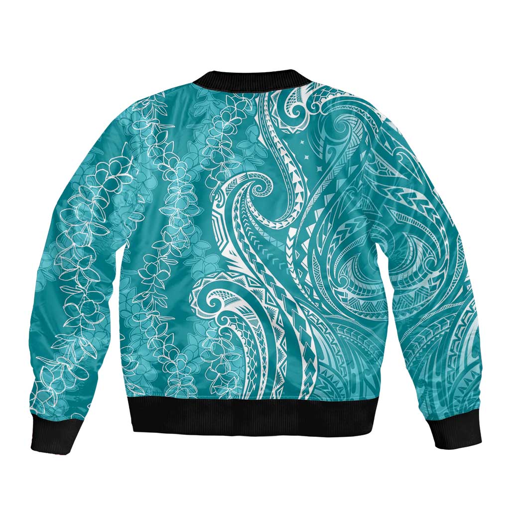 Polynesia Plumeria Lei Sleeve Zip Bomber Jacket Teal Curves Motif LT7 - Polynesian Pride
