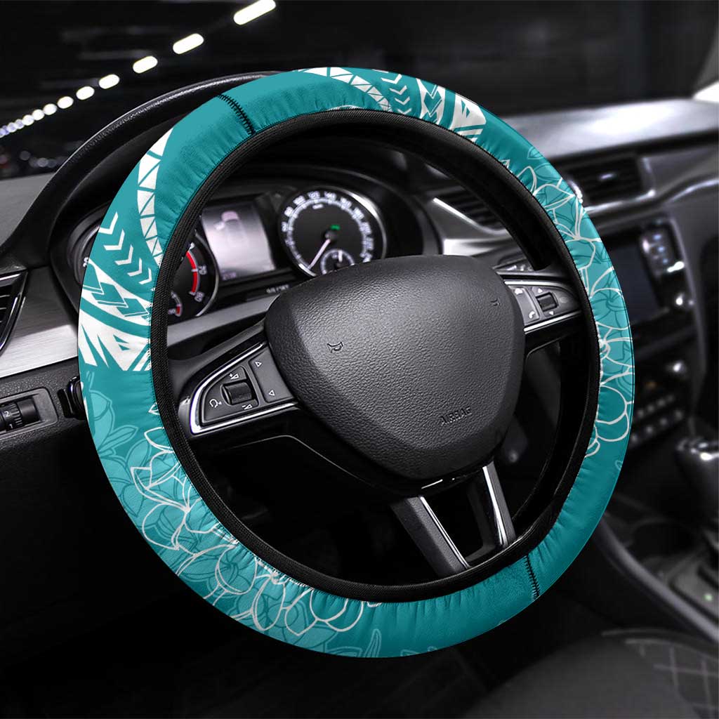 Polynesia Plumeria Lei Steering Wheel Cover Teal Curves Motif