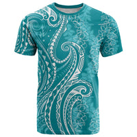Polynesia Plumeria Lei T Shirt Teal Curves Motif