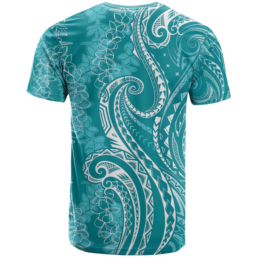 Polynesia Plumeria Lei T Shirt Teal Curves Motif