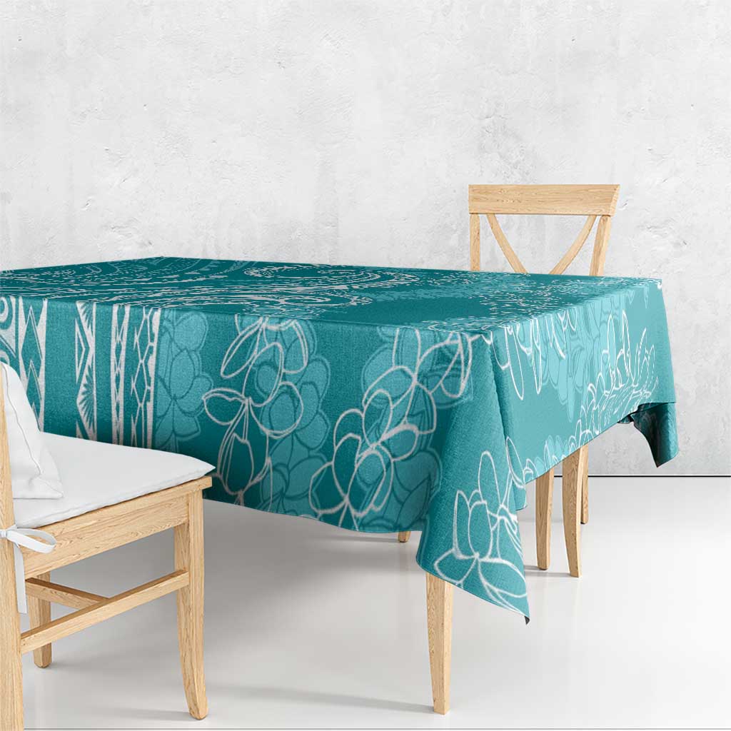 Polynesia Plumeria Lei Tablecloth Teal Curves Motif