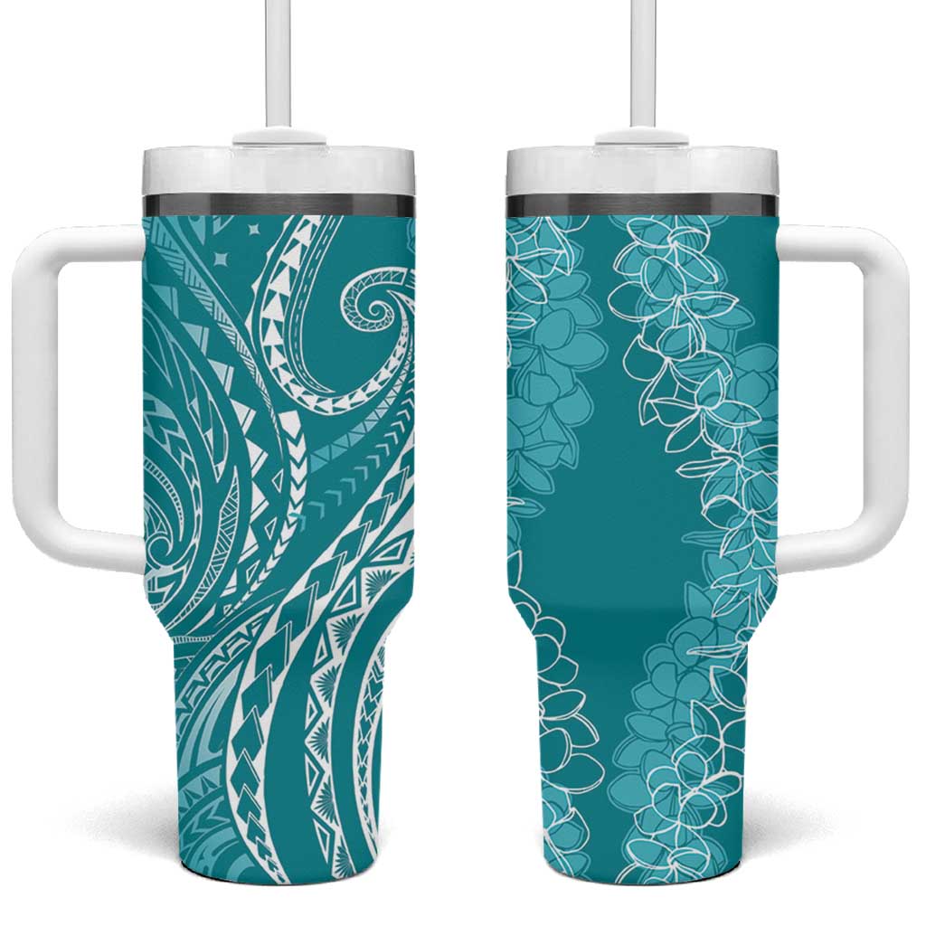 Polynesia Plumeria Lei Tumbler With Handle Teal Curves Motif