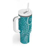Polynesia Plumeria Lei Tumbler With Handle Teal Curves Motif
