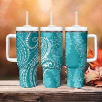 Polynesia Plumeria Lei Tumbler With Handle Teal Curves Motif
