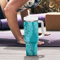 Polynesia Plumeria Lei Tumbler With Handle Teal Curves Motif