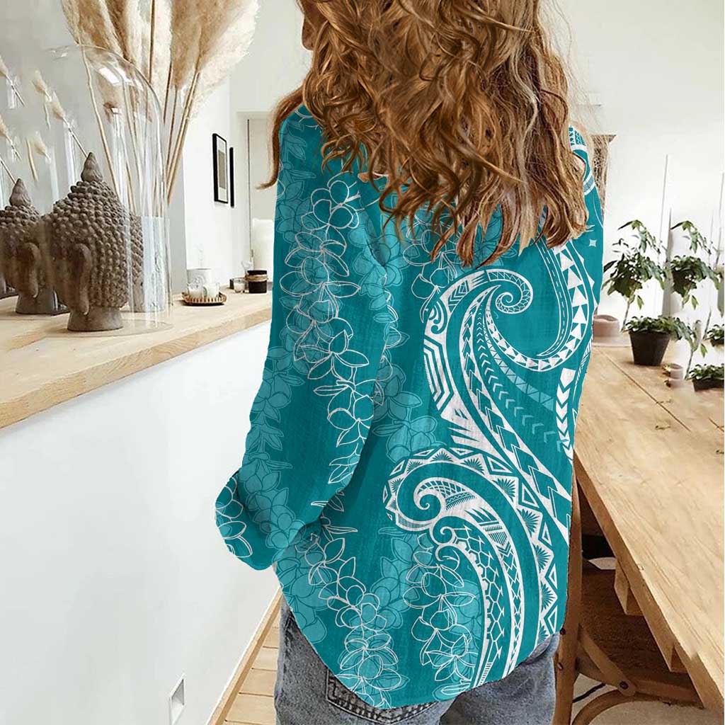 Polynesia Plumeria Lei Women Casual Shirt Teal Curves Motif
