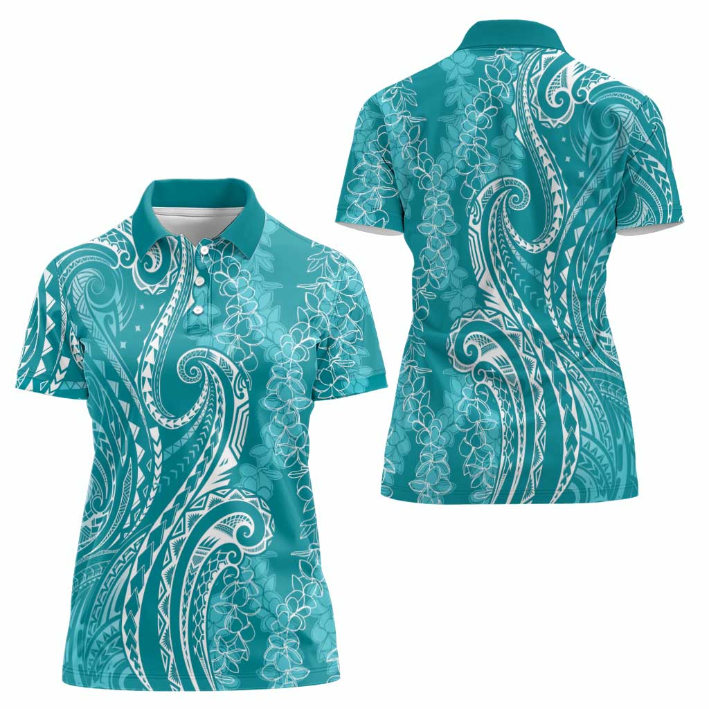 Polynesia Plumeria Lei Women Polo Shirt Teal Curves Motif