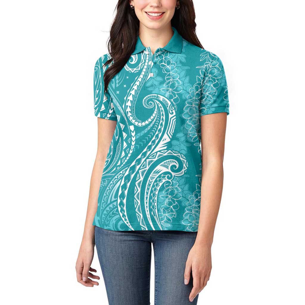 Polynesia Plumeria Lei Women Polo Shirt Teal Curves Motif