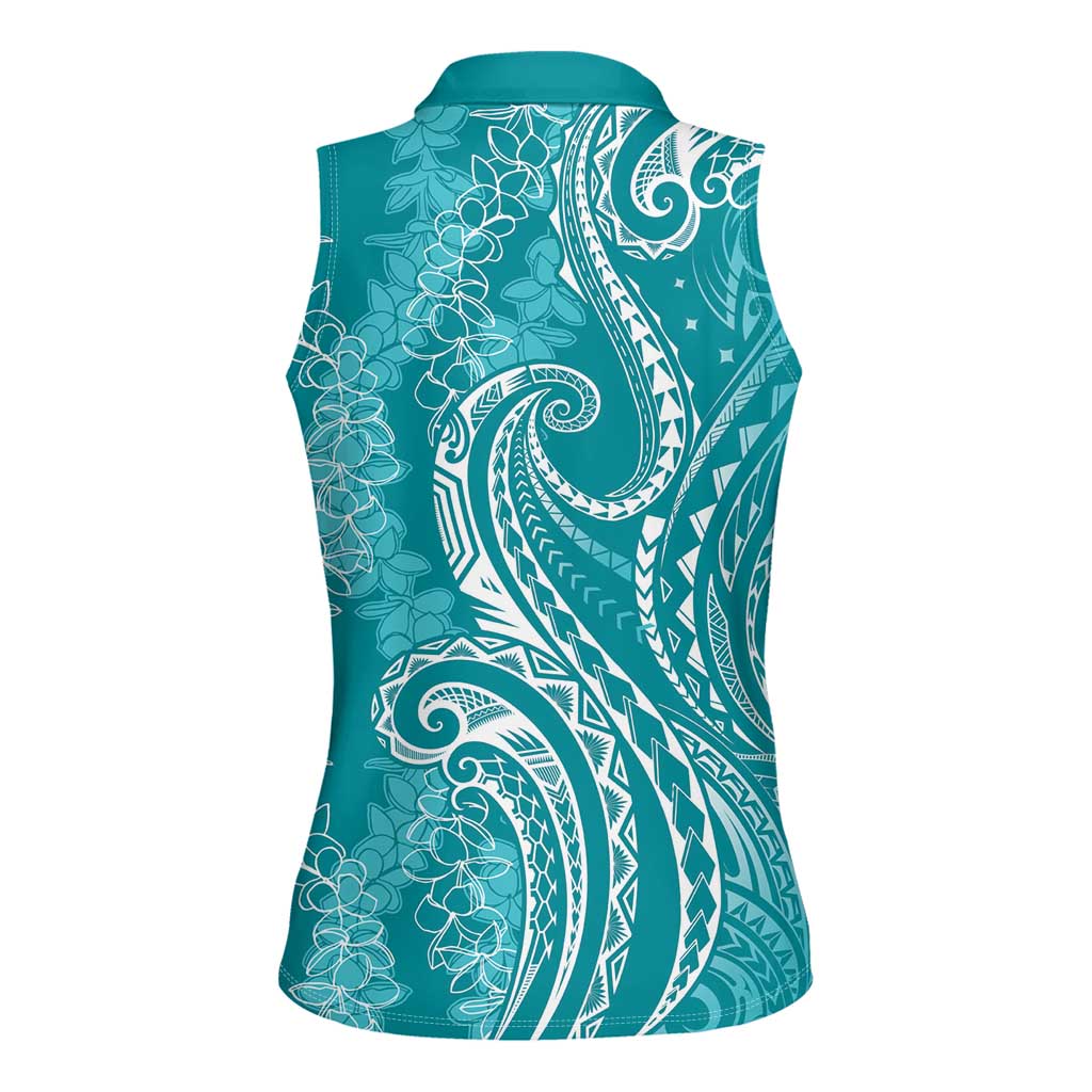 Polynesia Plumeria Lei Women Sleeveless Polo Shirt Teal Curves Motif